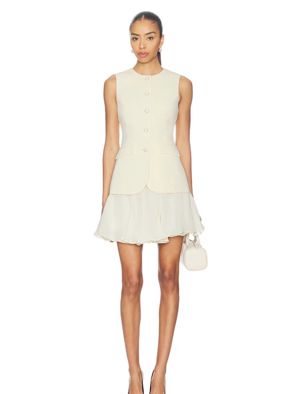 CHRISTEN DRESS IN CREAM NWOT Sleeveless Cream Button Vest Dress Ruffle Skirt